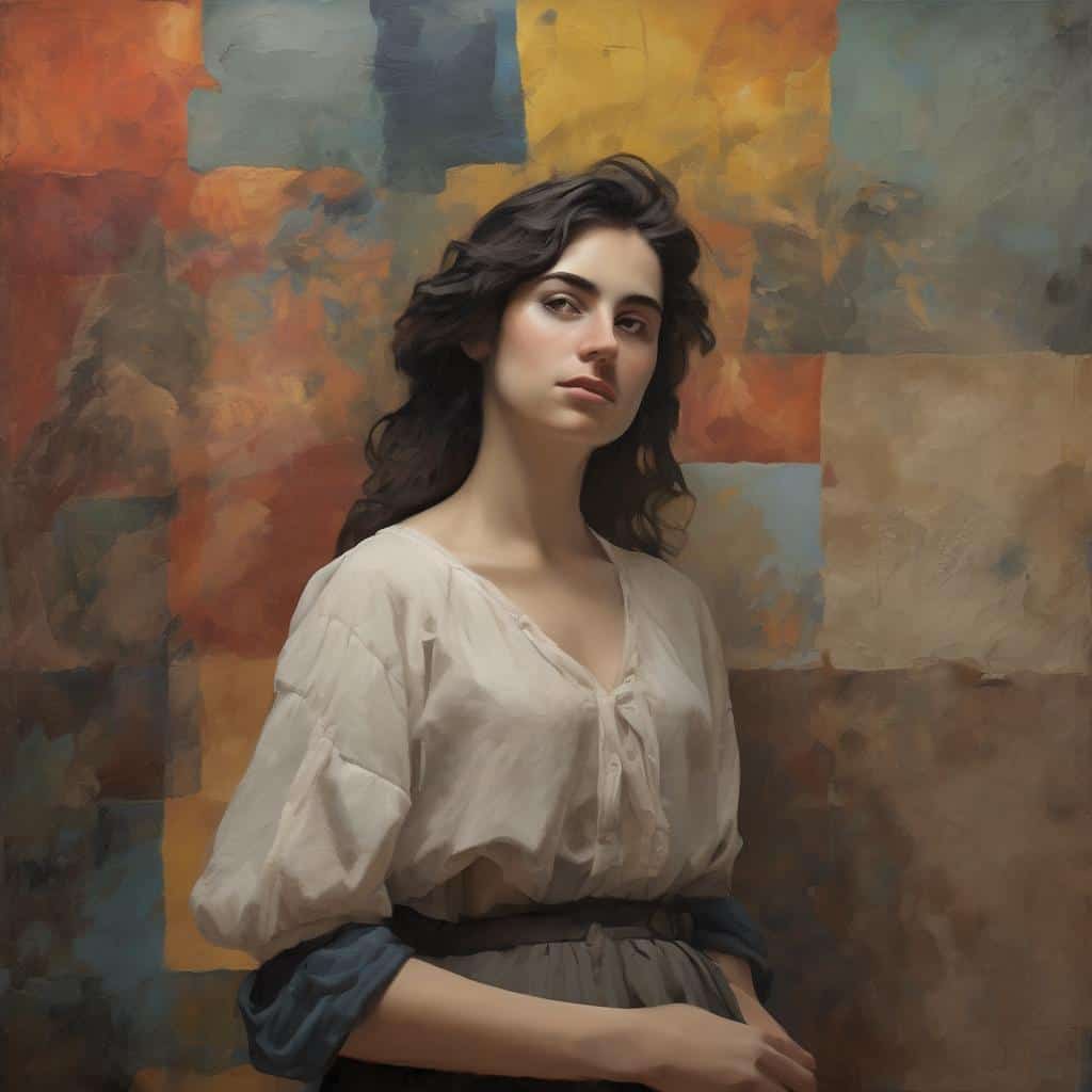 Ανθρώπινη γυναίκα μπροστά από μοντέρνο αφηρημένο τέχνη τοπίο.